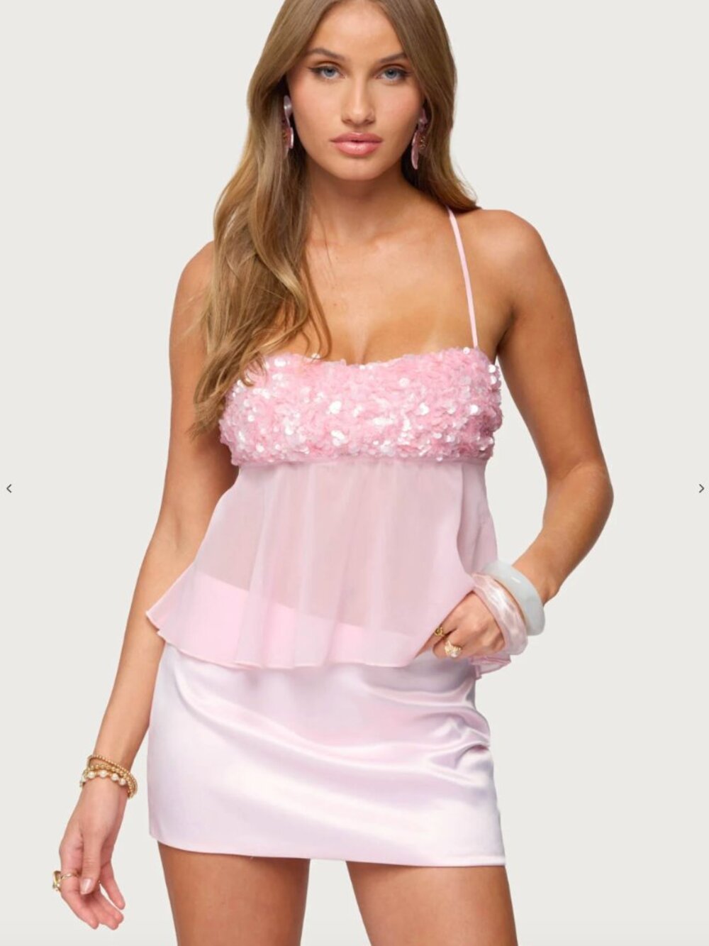 Edikted Pink Matching Sequin Mini Skirt and Sheer Cami Set (NWT) - Small
